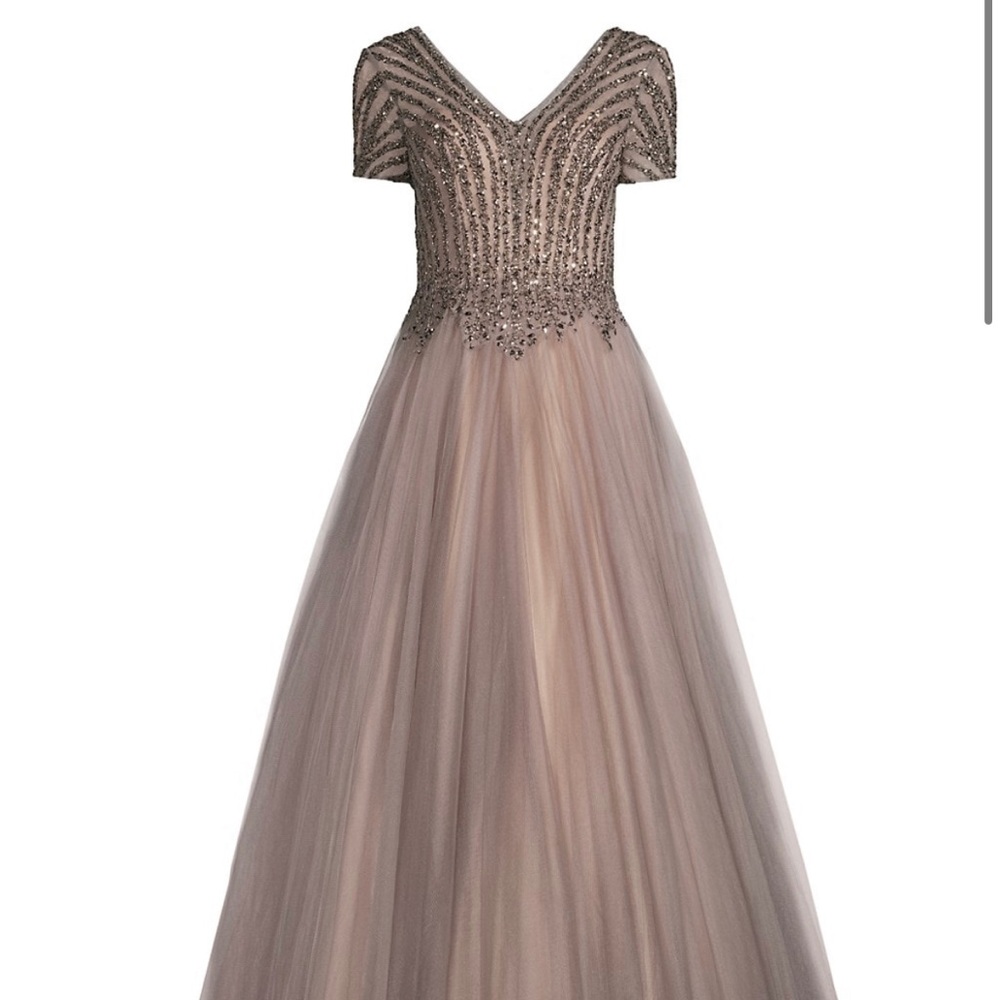 Basix gown crafted of tulle A-line silhouette with short sleeves